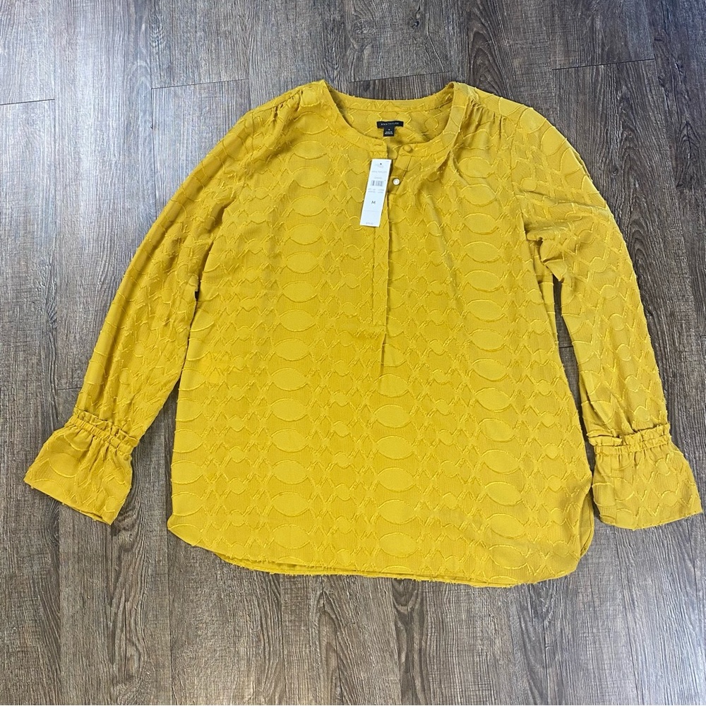 Ann Taylor Top Women M Yellow Half Button Textured Long Bell Sleeve Wrist Blouse